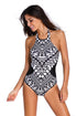 Sexy Monochrome Tribal Print High Neck One Piece Maillot